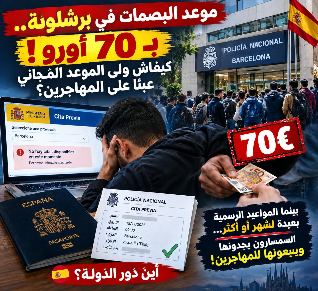 مواعيد البصمات في برشلونة بـ70 يورو.. حين يتحول الموعد المجاني إلى عبء إضافي على المهاجرين